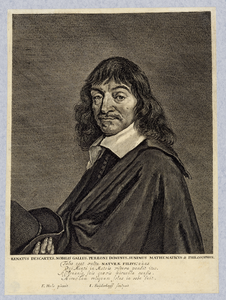 31843 Portret van René Descartes, geboren 1596, filosoof wonende te Utrecht, overleden 1650. Borstbeeld links, in ...